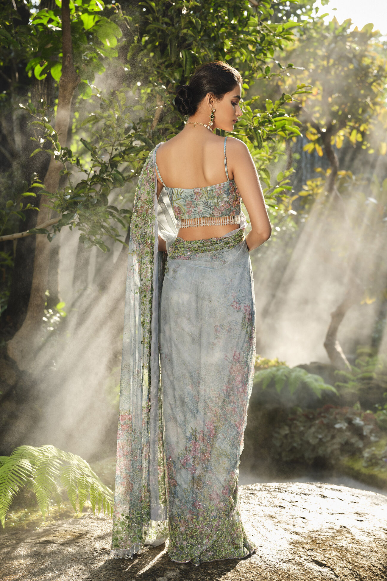 Blooming Embroidered Saree in Powder Blue - Image 4