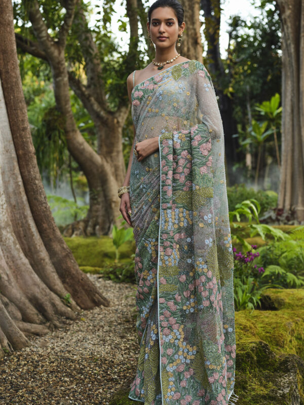 Embroidered Saree - Powder Blue