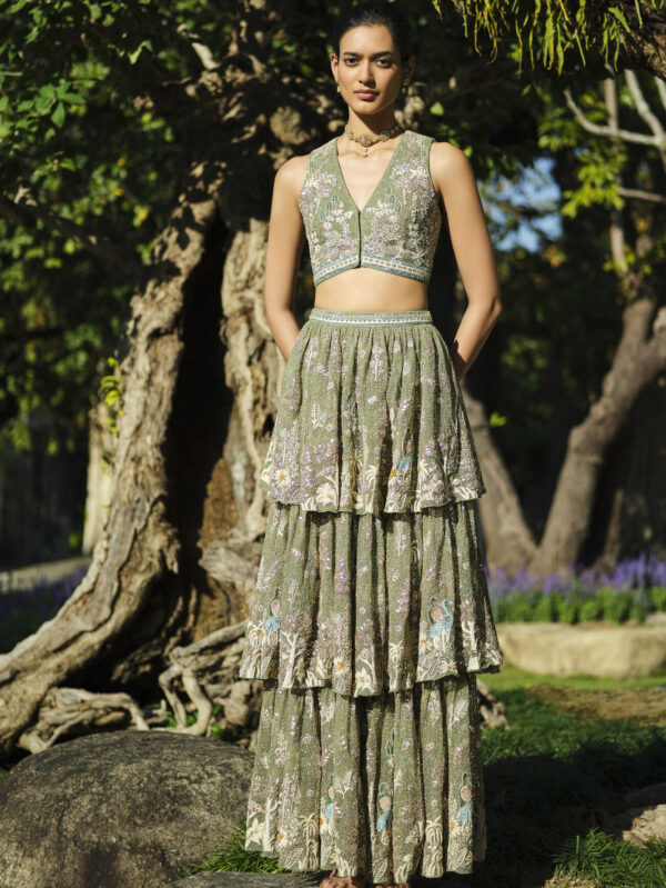 Embroidered Tiered Skirt Set - Sage