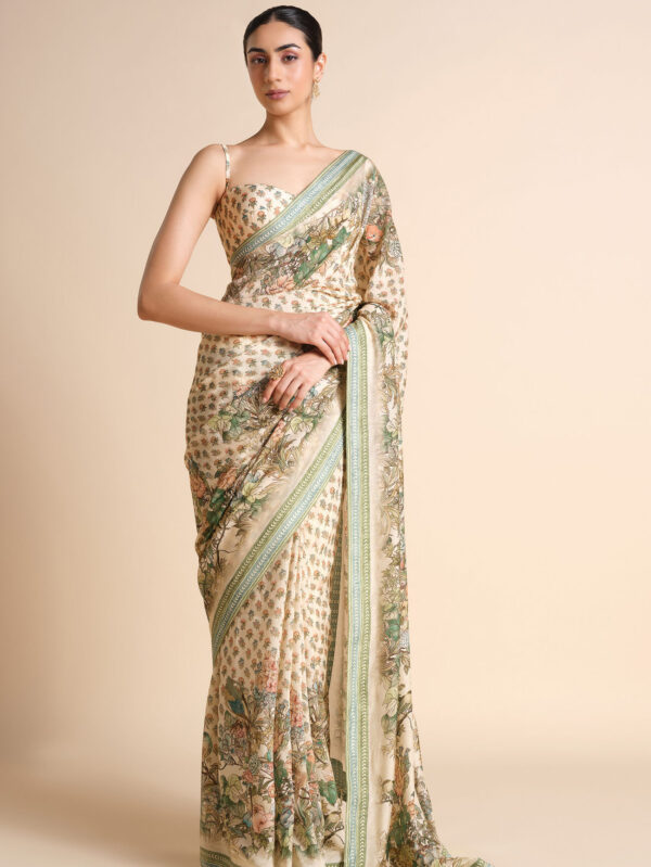 Printed Silk Saree - Ivory
