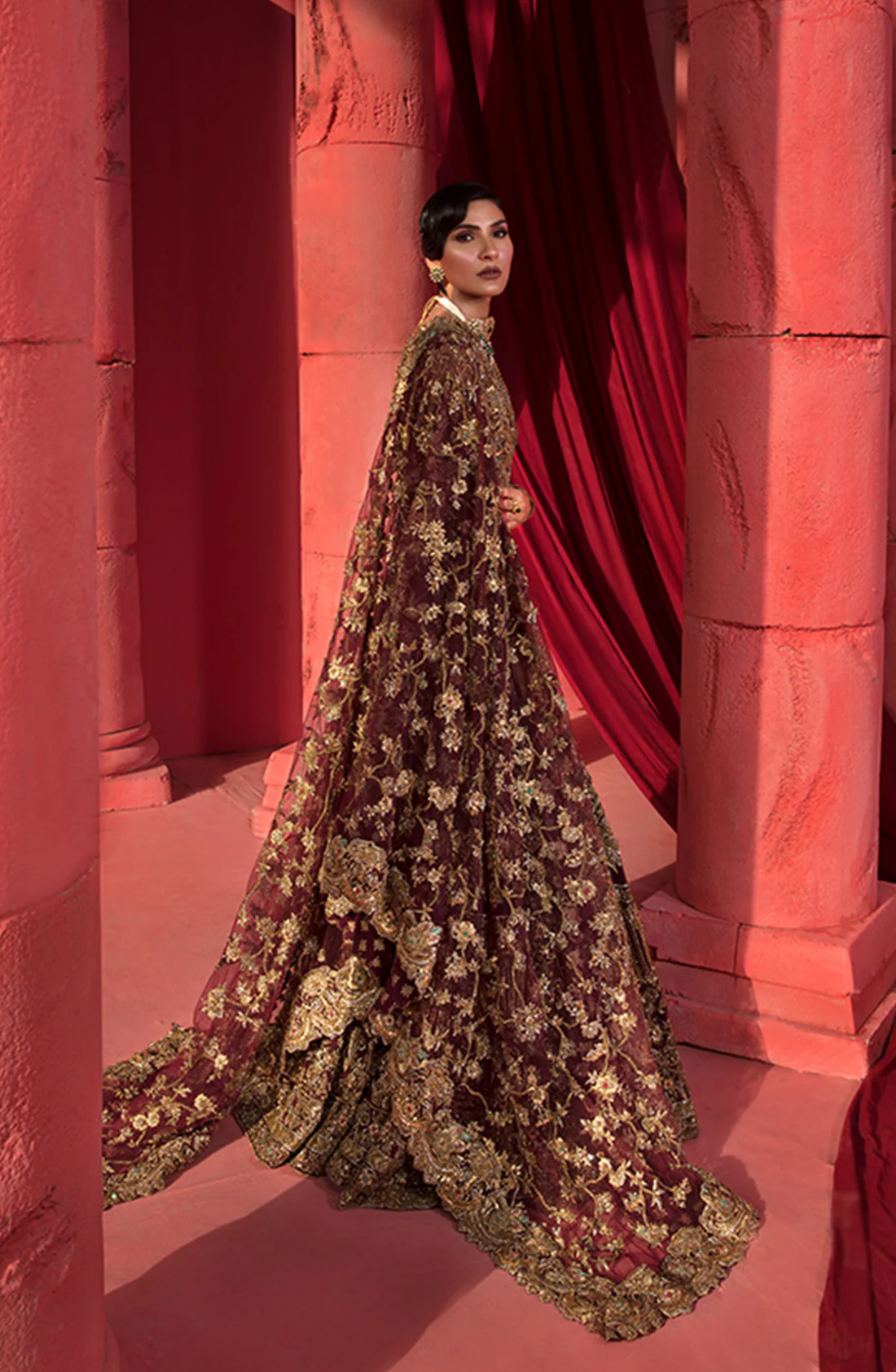 Elegant Maroon Bridal Dress with Gold Accents - Image 3