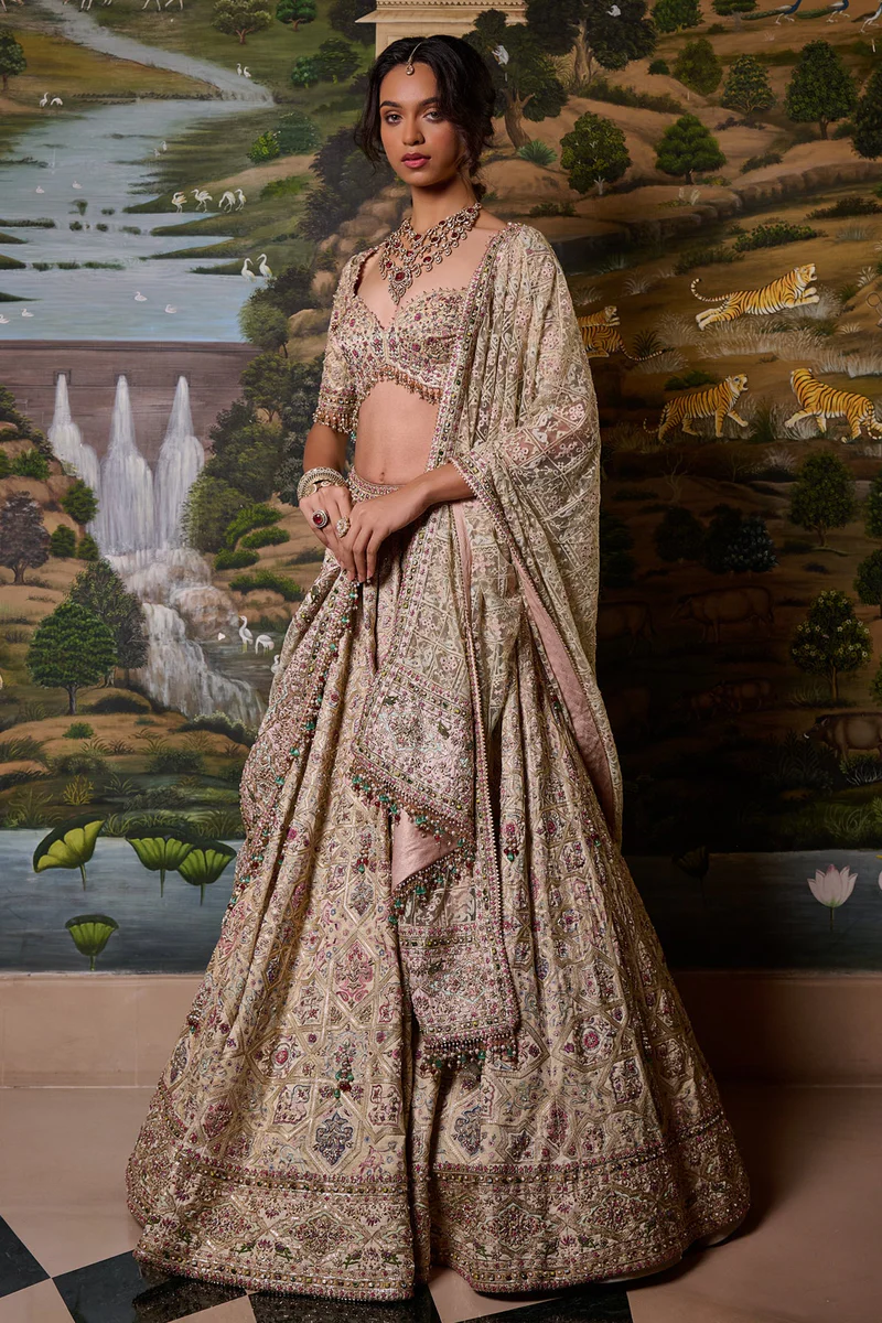 Intricate Mosaic Kashida Lehenga - Image 4
