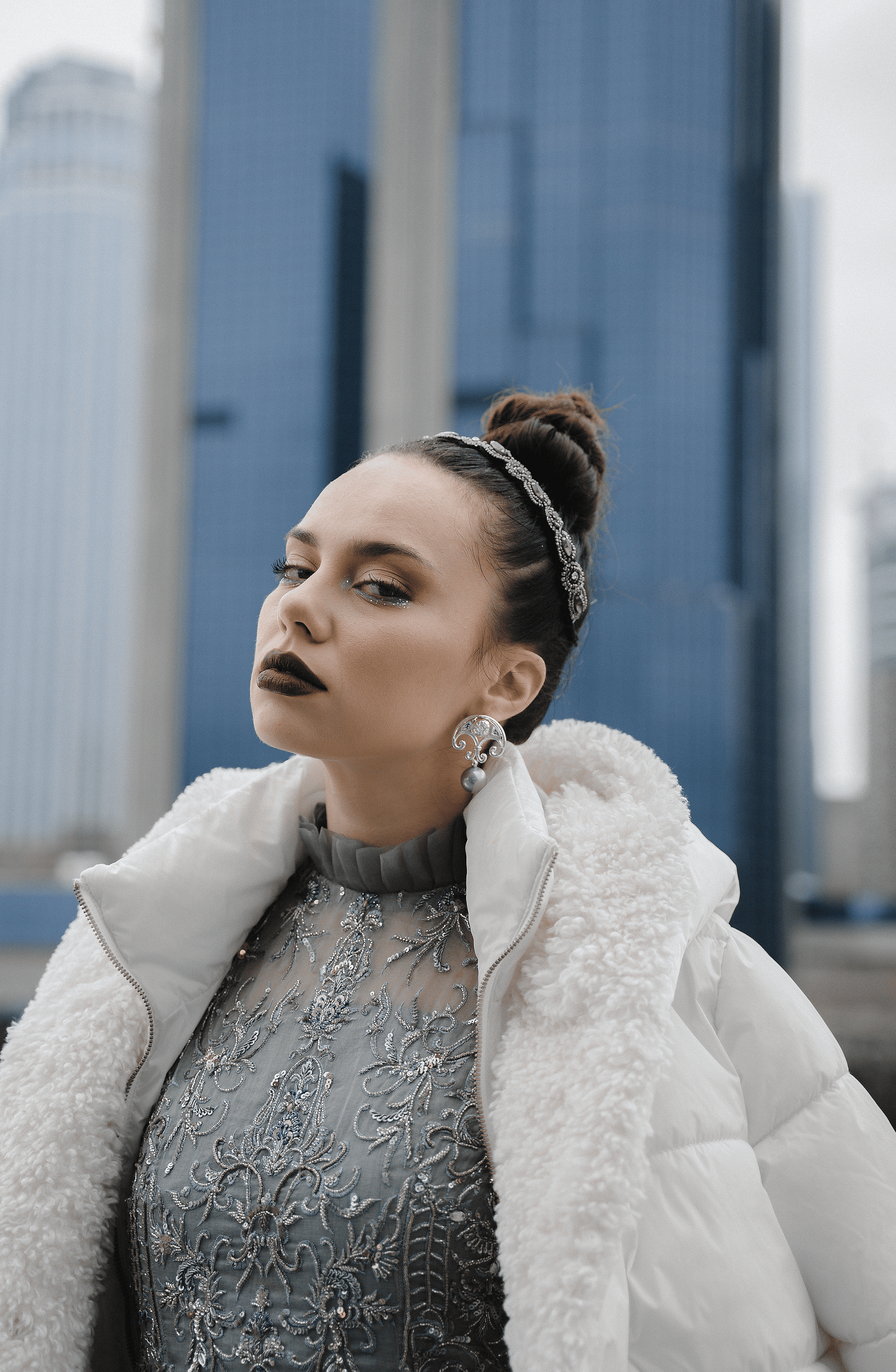 Long Shirt in Subdued Blue with Organza Skirt - Image 3