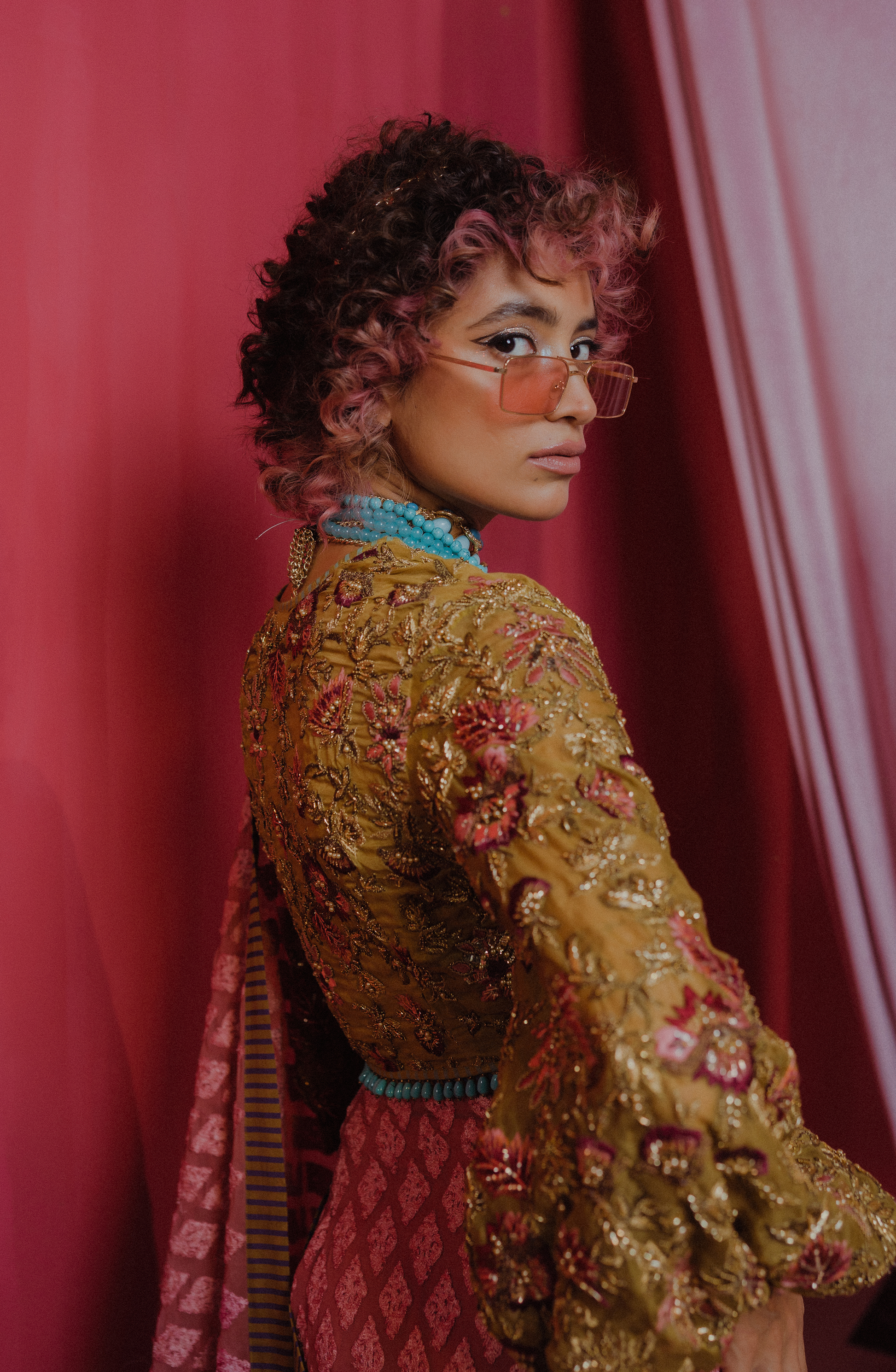 Blush Pink Saree Paired with a Sleeved Blouse - Image 2