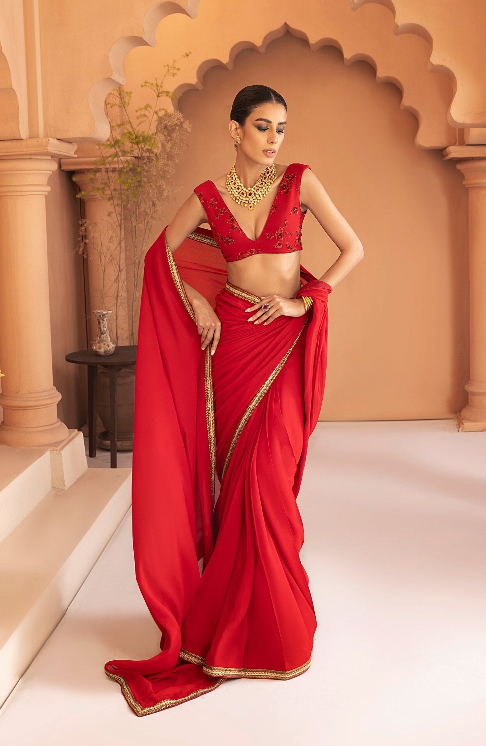 Georgette Chiffon Saree with Gold Lace and Blouse - Image 6