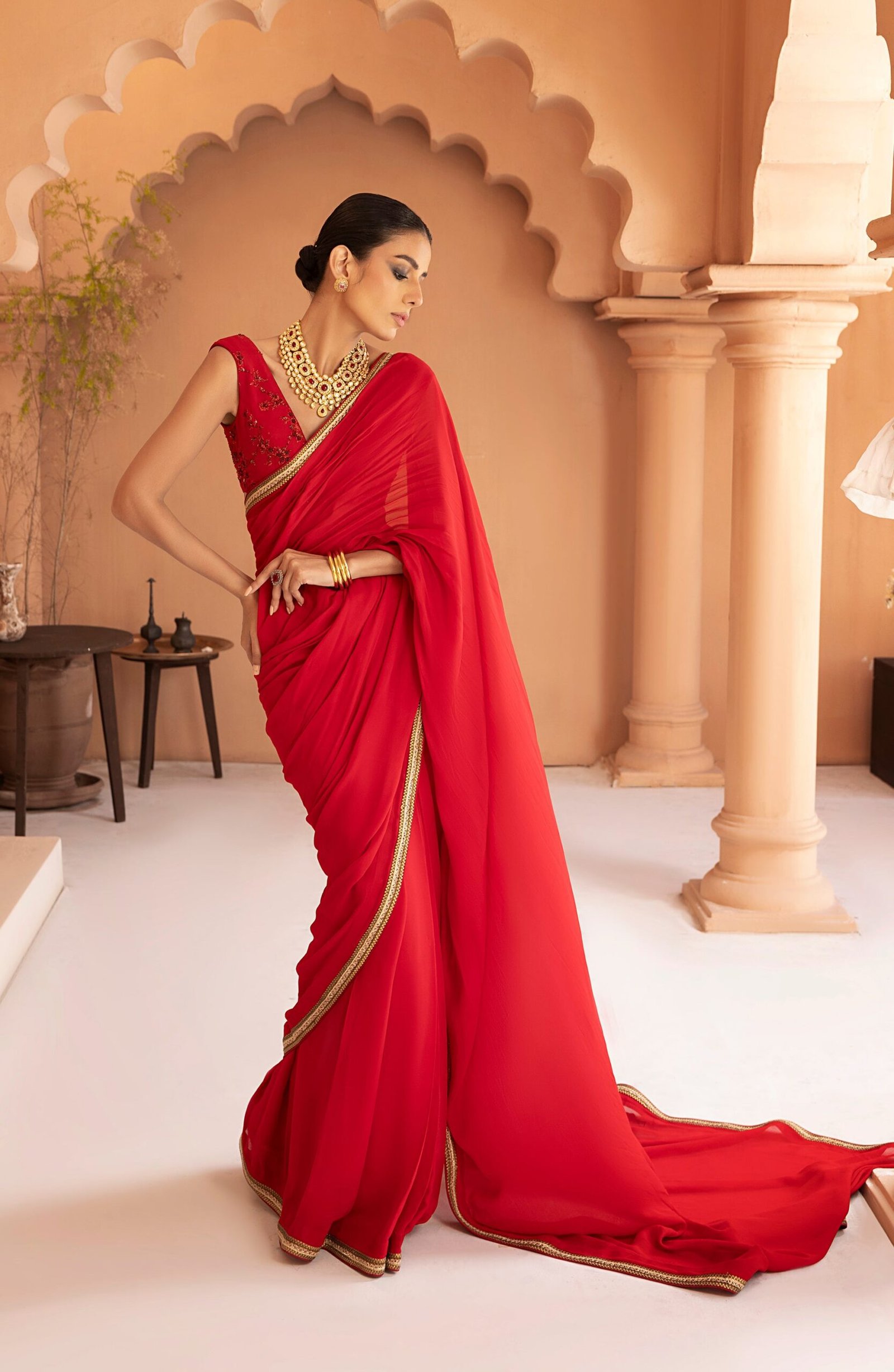 Georgette Chiffon Saree with Gold Lace and Blouse - Image 2
