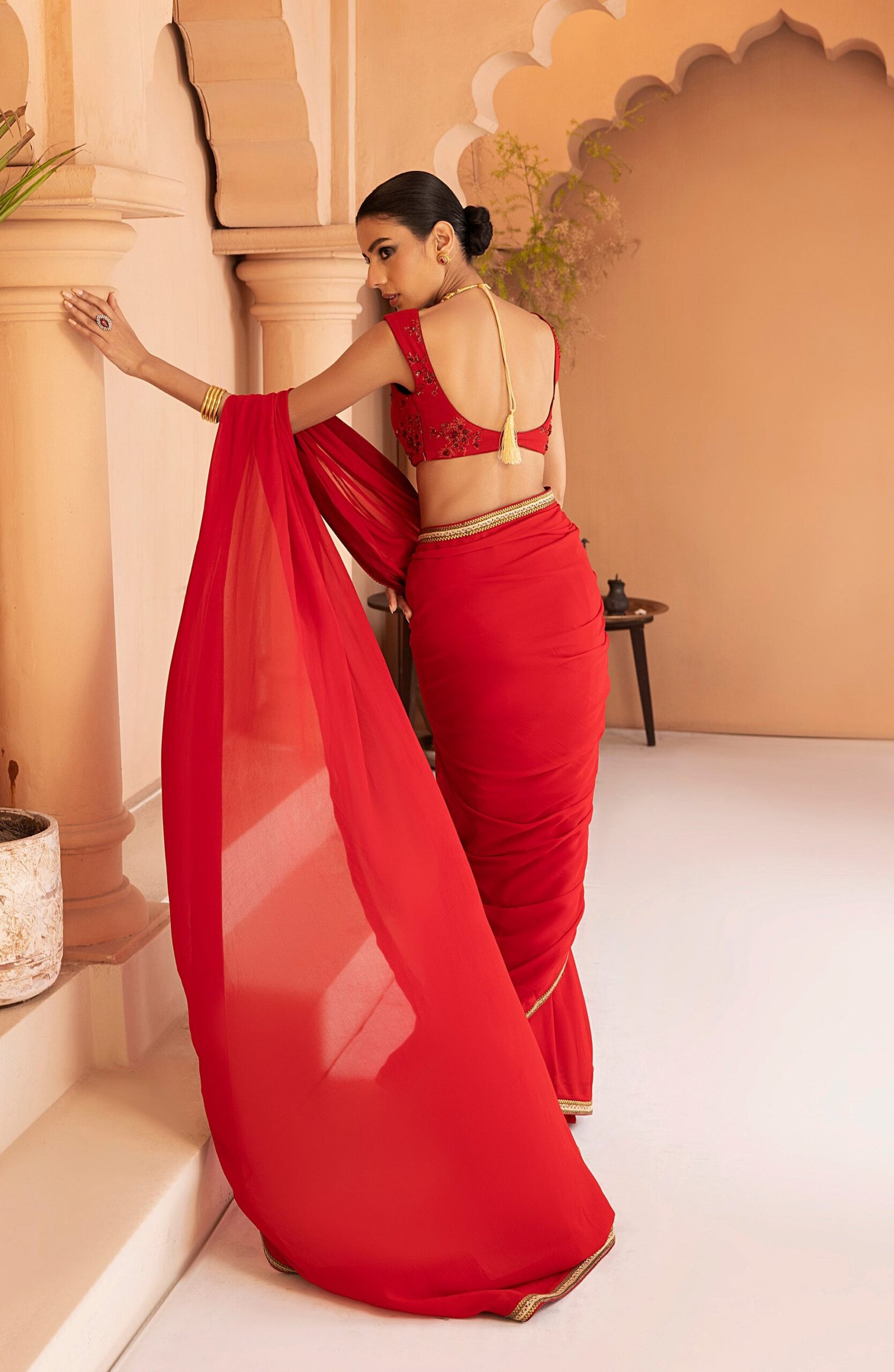 Georgette Chiffon Saree with Gold Lace and Blouse - Image 3