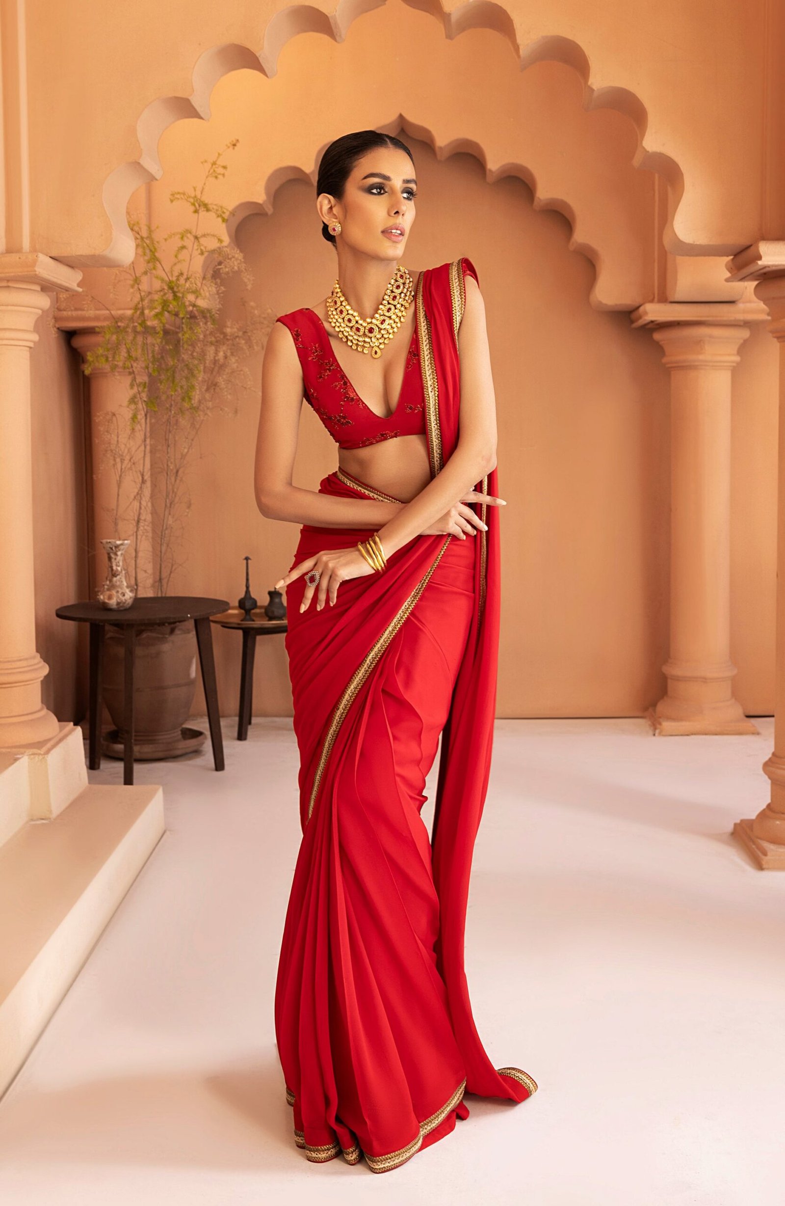 Georgette Chiffon Saree with Gold Lace and Blouse - Image 5